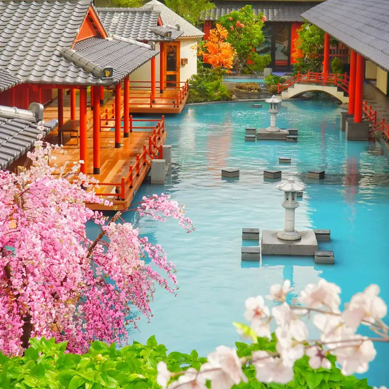 Bể onsen giữa hoa anh đào và đèn đá kiểu Nhật
